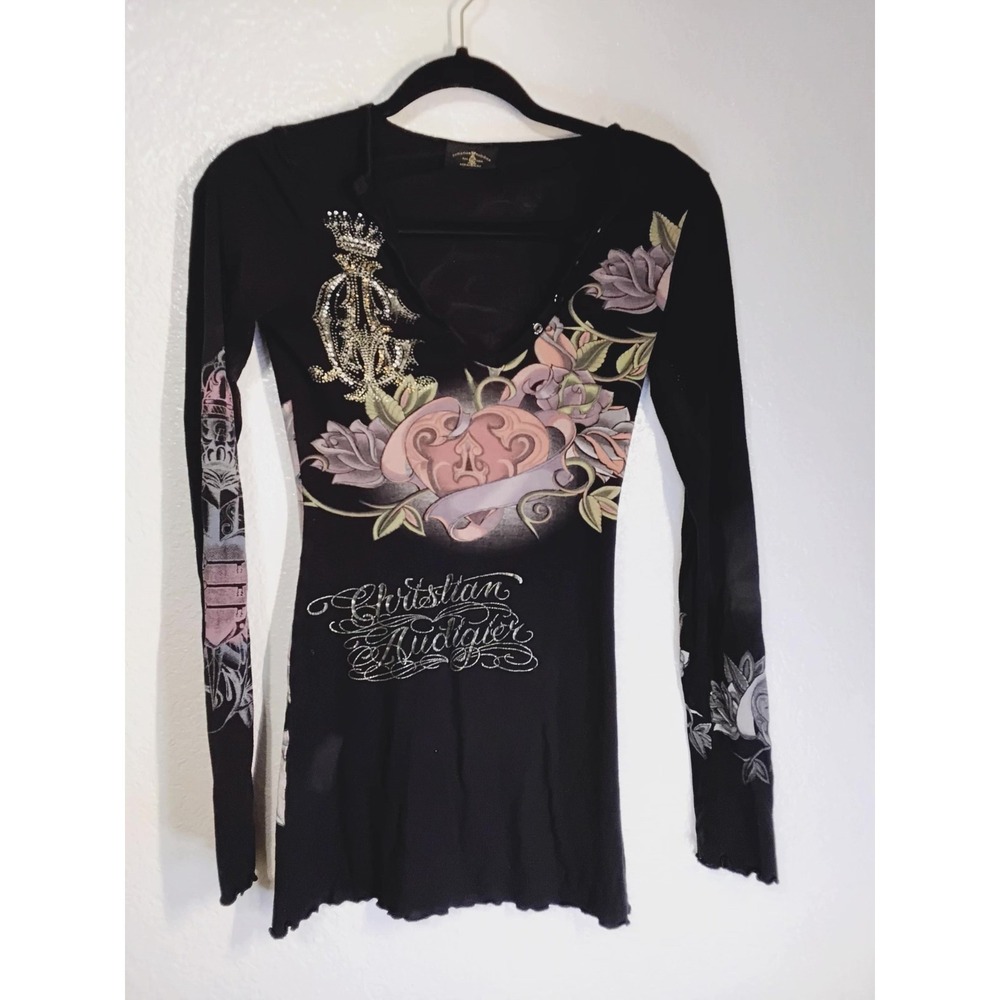 Christian Audigier Womens Y2K Graphic Long Sleeve Tunic Black Roses Crest (54)
